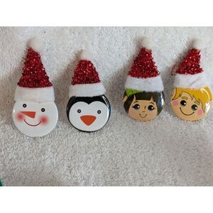 Vtg 4 Christmas Holiday Pins Buttons Snowman Penguin Elf Characters‎ Red Glitter